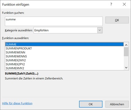 Excel-Auswahl-Men Summe