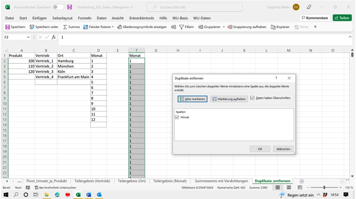Excel-Hilfstabelle Duplikate entfernen